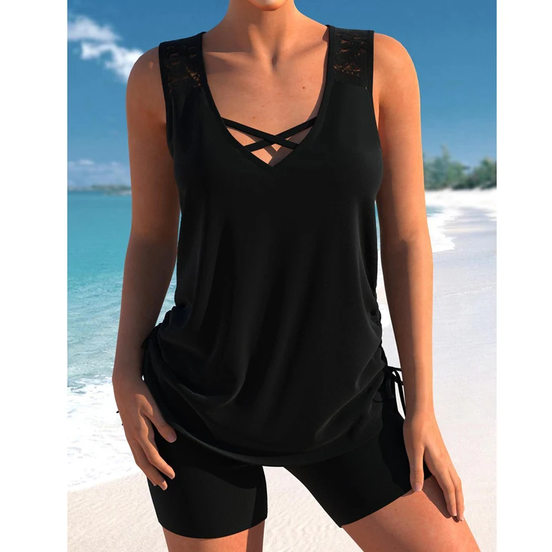 

2023 Sexy Lace Drawstring 2 Piece Swimwear Women High Waist Swimsuit Solid Black Tankini Set Two Pieces Bathing Suit S-2XL