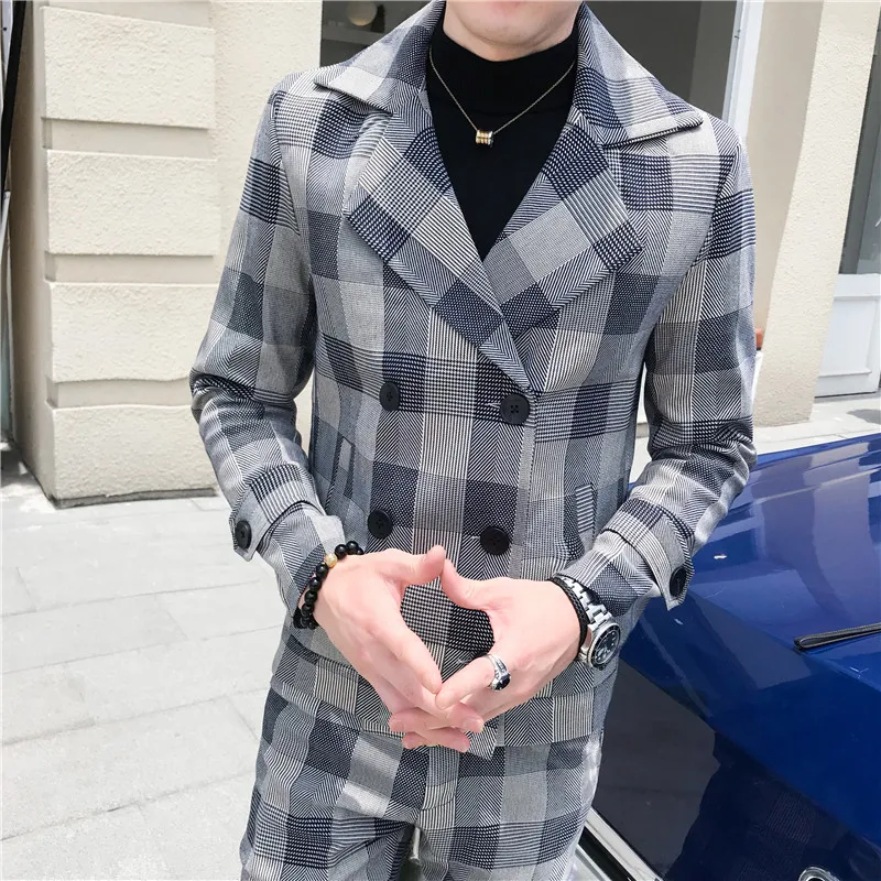 

Korean Fashion Two-piece Set (jacket+pants) Plaid Casual Business Suits Handsome Groom Wedding Suits for Men Blazer Trousers