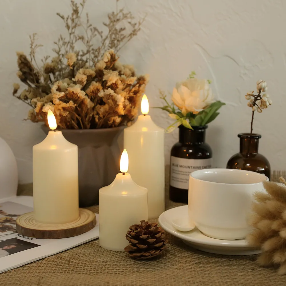 Набор из 3 пластиковых колонн безогневых свечей с реалистичными светодиодными пламенами "Tealight" для декора дома, дня рождения и свадьбы.