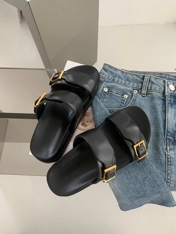 Elmsk Fashion Blogger Ladies Thick-soled Slippers Genuine Leather Black Casual Commuter Flat Shoes Women