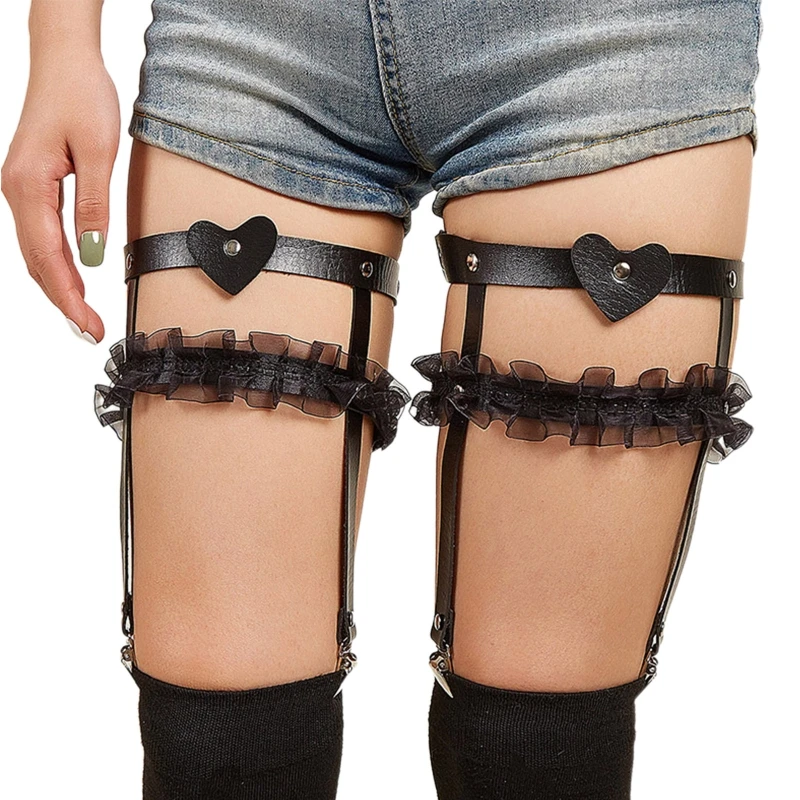 

Gothic Leg Belt with Alloy Clip PU Leather Thigh Chain Elastic Chain for Women