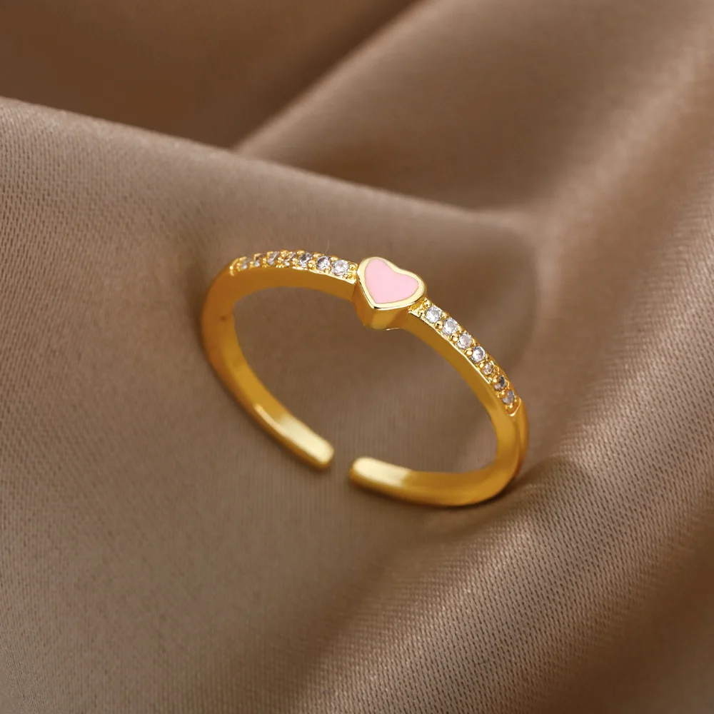 

Cute Pink Heart Ring For Woman Girl Open Cubic Zirconia Geometry Female Finger Rings Wedding Party Jewelry Accessories Bague BFF