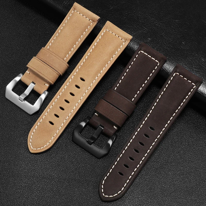 Crazy Horse Hide Handmade Strap ADAPTS Seagull Mechanical Watch 22/24/26mm Male Butterfly Clasp Leather Watchband