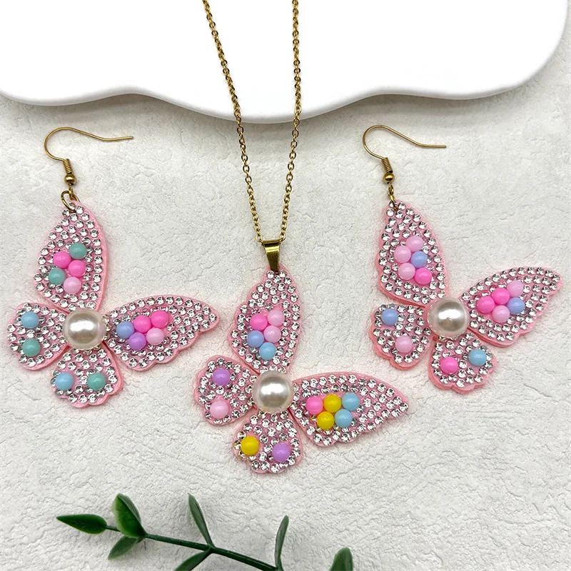 Y2k красочные искусственный жемчуг кристаллы кулон-бабочка ожерелье серьги