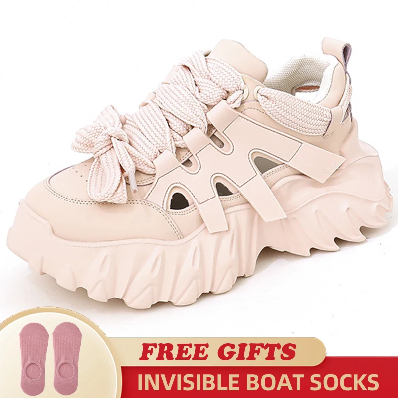 6.5cm Hollow Chunky Fashion Sneakers Genuine Leather Women Vulcanize Sandles New Female Summer Comfy Lace Fashion Females Shoes