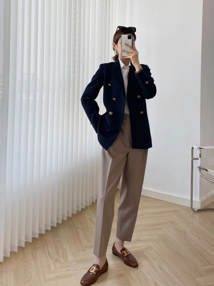 

EOSClassic Navy Blazer Spring 2023 Woman Metal Double Breasted Straight Fitted Notched Coat High Quality Brand Free Shipping