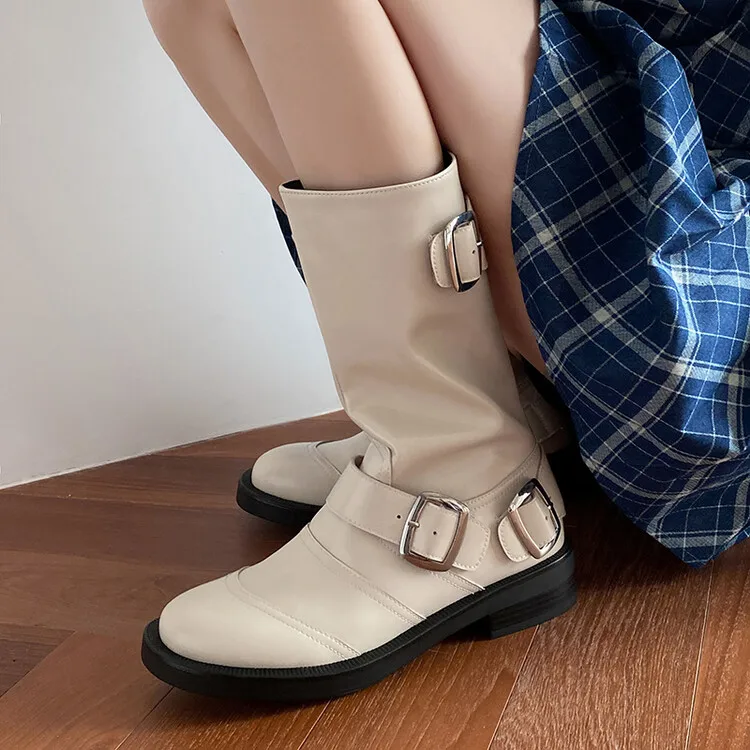 

White Leather Women Platform Motorcycle Boots Metal Buckle Strap Punk Riding Botas Black Autumn Winter Knight Botines Femmes