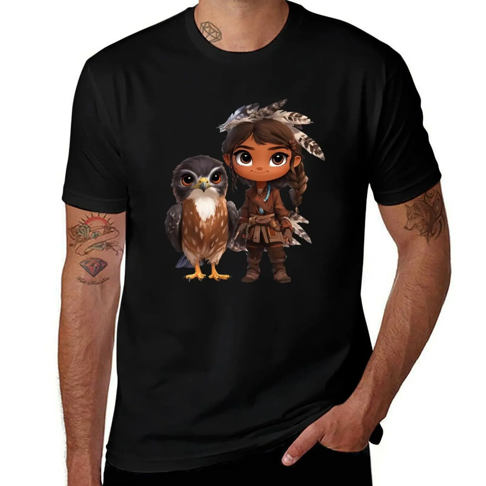 Фото Футболка Сhibi Tribal Girl with Hawk Companion в стиле фэнтези, винтажная футболка с рисунком, забавная мужская тренировочная рубашка №1
