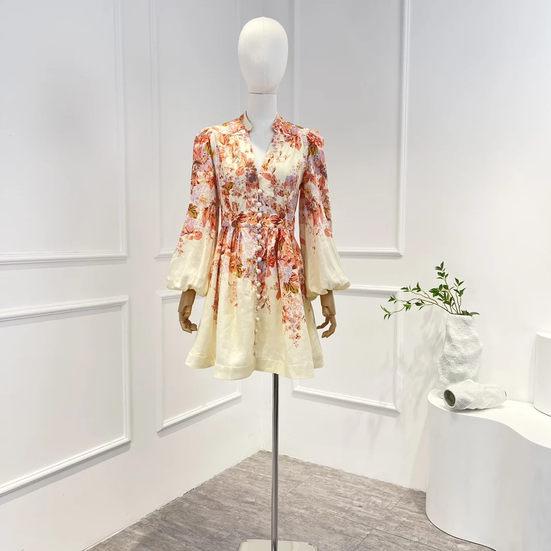 

Женское льняное платье-мини с цветочным принтом, демисезонное розовое платье с градиентом, 2023