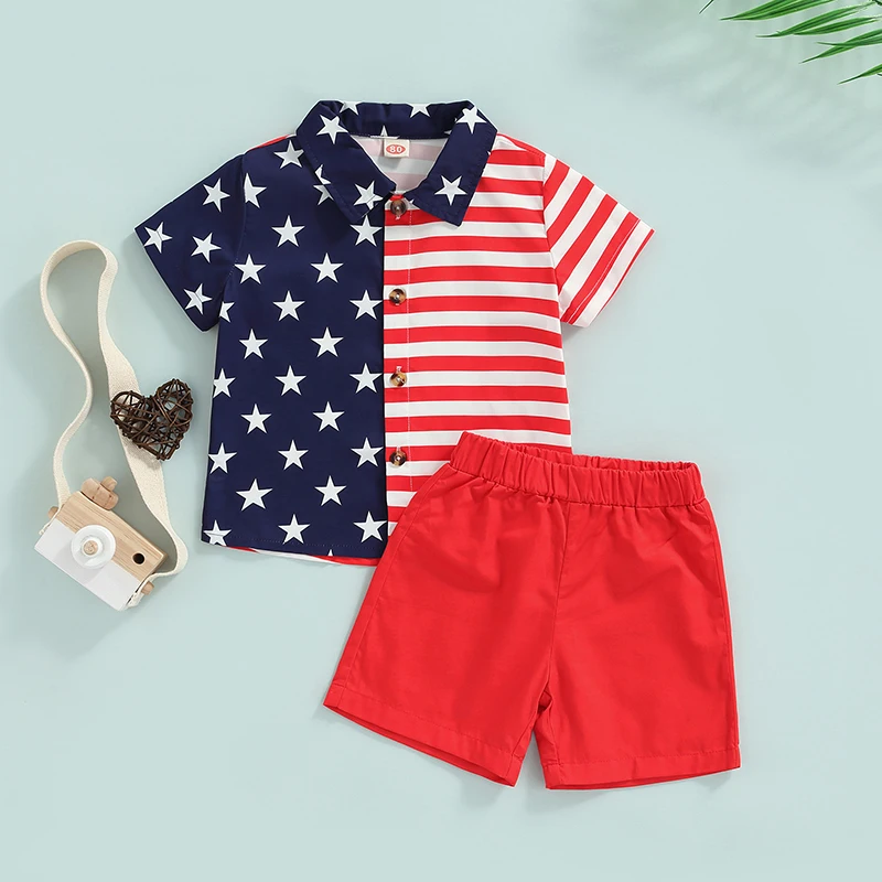 

2023-04-12 Lioraitiin 0-6Years Toddler Baby Kid Boys 2Pcs Clothes Short Sleeve Stars Stripes Print Shirt Shorts Independence Day