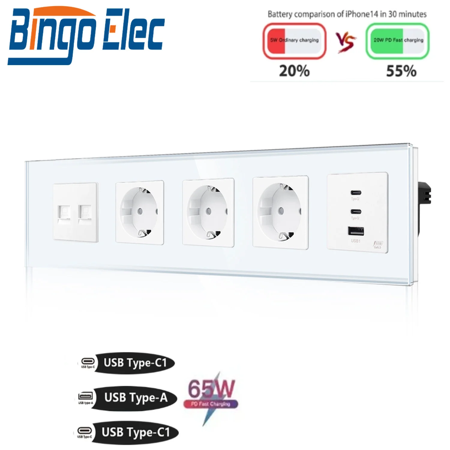 Розетка BINGOELEC EU TV/CAT6, предназначенная для сверхбыстрой зарядки 65 Вт, порт USB/Type-c, настенная розетка со стеклянной панелью, безопасная вилка 220 В