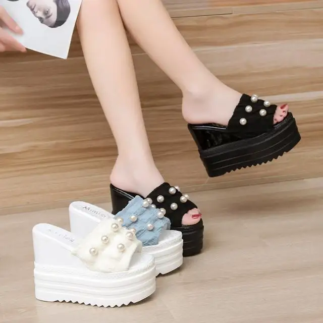 

Shoes Woman 2022 Slippers Summer Pantofle Heeled Mules Luxury Slides String Bead Platform On A Wedge New High Designer Rome PU F