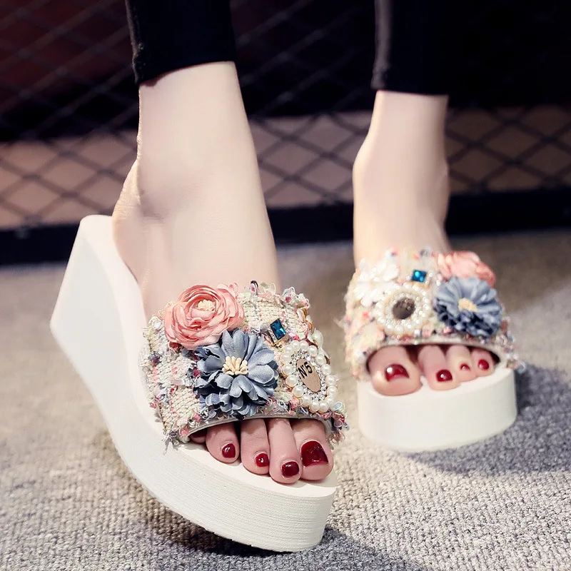 

Shoes Woman 2022 On A Wedge Slippers Casual Med Flower Shale Female Beach Platform Luxury Soft Flat Sabot Slides Fashion TPR PU