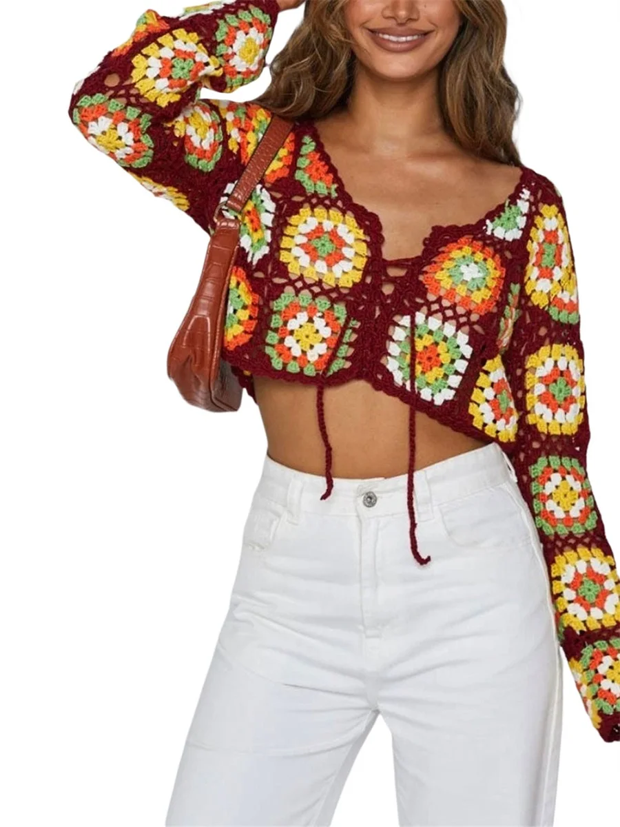 

Women Crochet Crop Tops Ethnic Floral V-neck Long Sleeve Cardigan