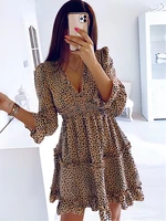 2022 sexy leopard print v neck mini party dress women long sleeve summer ruffle vintage dresses elegant ladies clothing