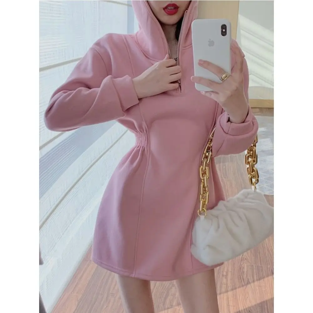 

Новинка 2023, тонкое однотонное утолщенное розовое Короткое мини-платье, Женская осенне-зимняя повседневная одежда с длинным рукавом в Корей...