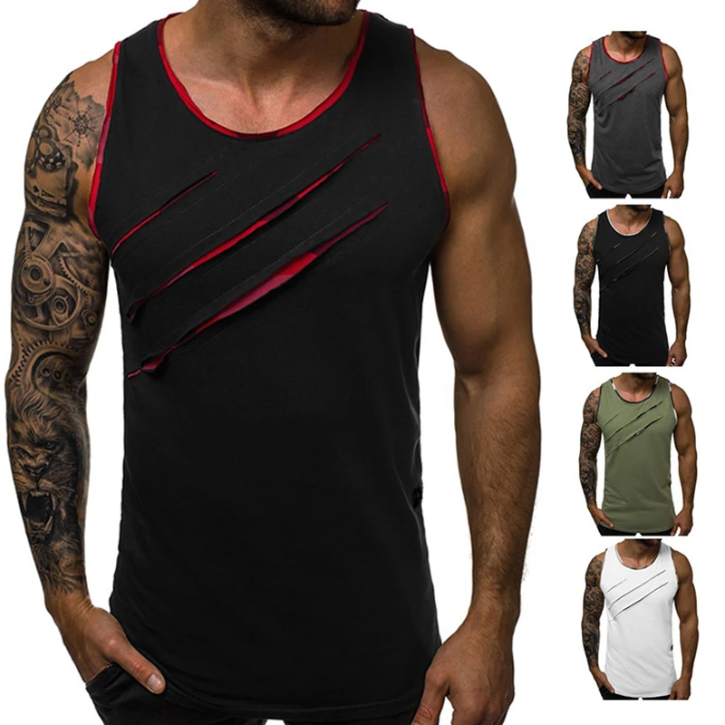 

Fashion Patchwork Scratch Vest Men Ripped Sleeveless Shirt Tank top Man Fitness Bodybuilding Tops Gym Vest Clothing New