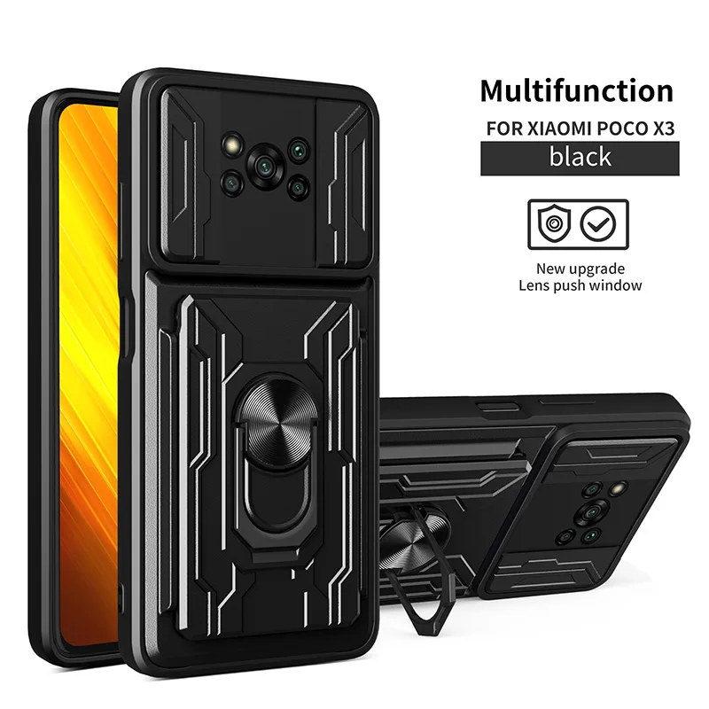 

For POCO X3 FNC Card Slot Bag Phone Case For Xiaomi POCO X3 F3 M3 M4 Pro Shockproof Armor Stand Slide Door Camera Magnetic Cover