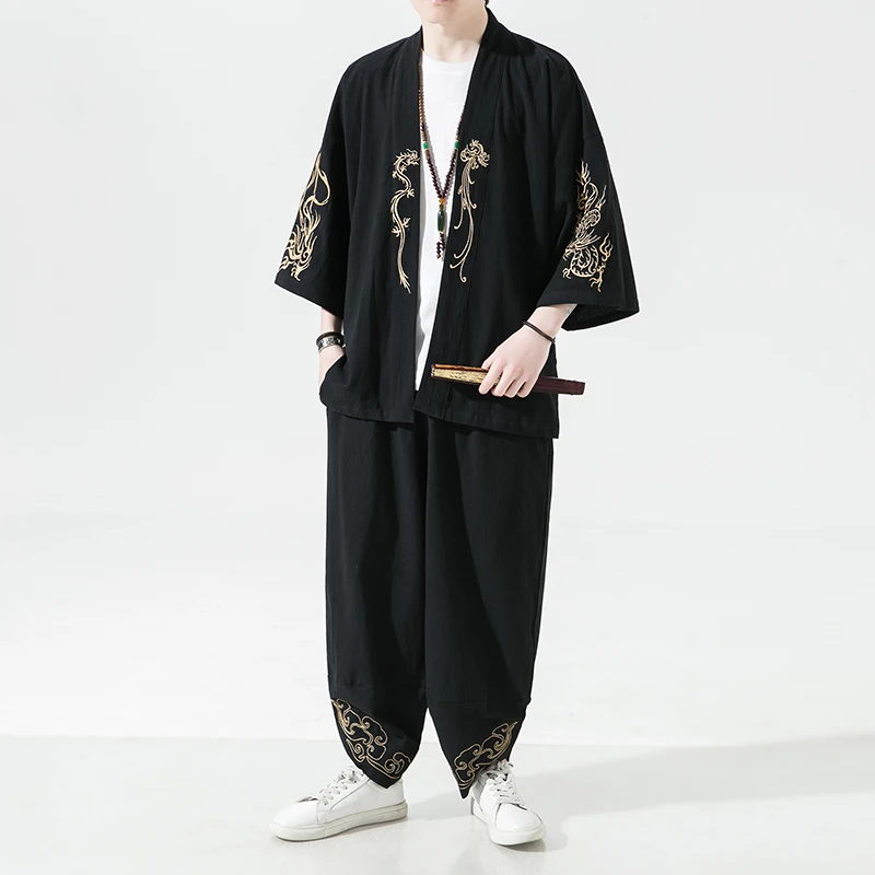 

Men's Japanese Kimono Set Fashion Harajuku Streetwear Silk Dragon Embroidery Casual Outer Hood Uniform Linen Clothing