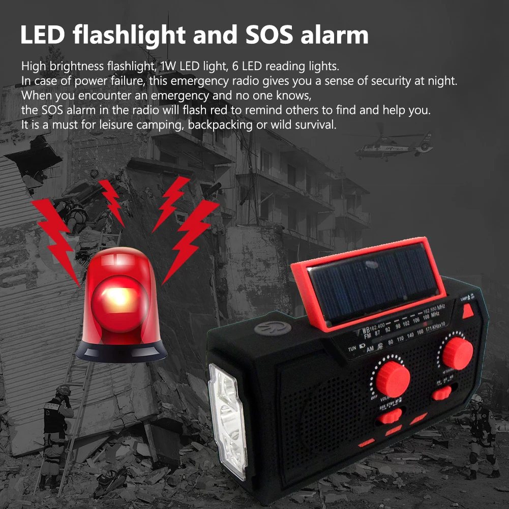 

AM/FM/WB Solar Powered Radio SOS Alarm Bluetooth-compatible 5.0 Emergency Radio Handcrank Solar Support TF USB Flash Disk/player