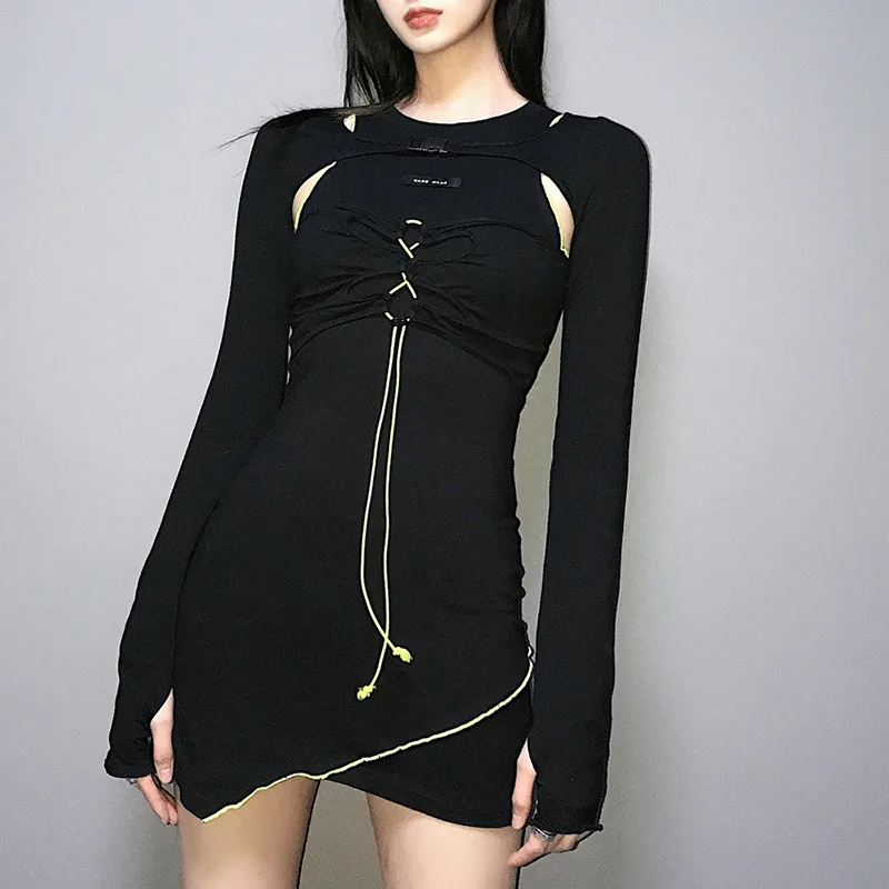 Купи Goth Dark Y2k Style Black Dresses Gothic Lace Up Buckle Front Mini Dress Long Sleeve High Waist A-Line Women Spring Wear Dress за 847 рублей в магазине AliExpress