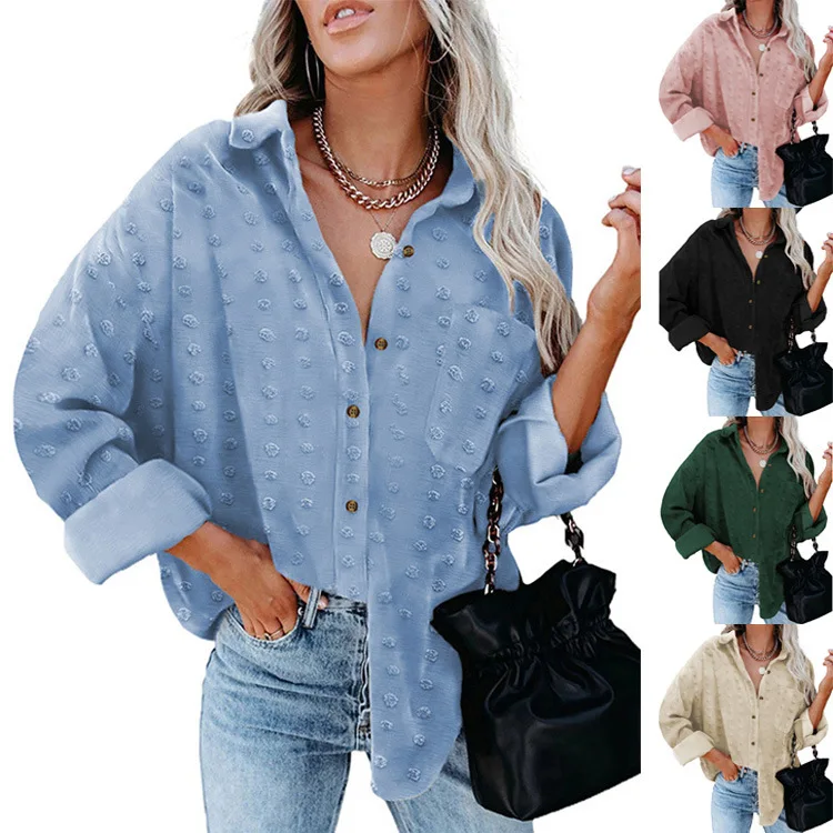 

Autumn 2022 Solid Color Chiffon Jacquard Lapel Long-sleeved Shirt Buttoned Loose Cardigan Top Women's Clothing