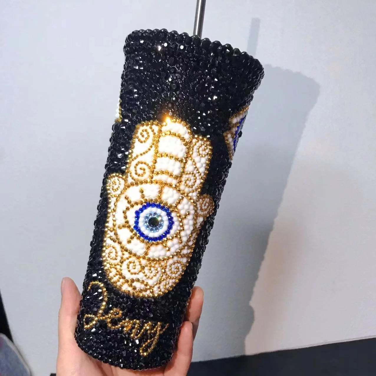 

Bling Evil Eye Tumbler Customize Name Rhinestone Stainless Steel Straw Water Bottle 700ml Turkish Eye Thermos Bottles Coffee Mug