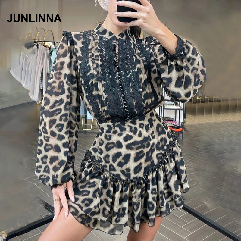 

JUNLINNA Elegant Women Two Piece Dress Chiffon Lace Panelled Shirt+Skirt Fashion Printing Spring Summer Wear Sets