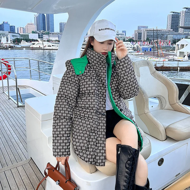 Women's Parkas Coat 2022 Winter New Houndstooth Contrast Color Loose Hooded Short down Jacket Women's Bread Coat