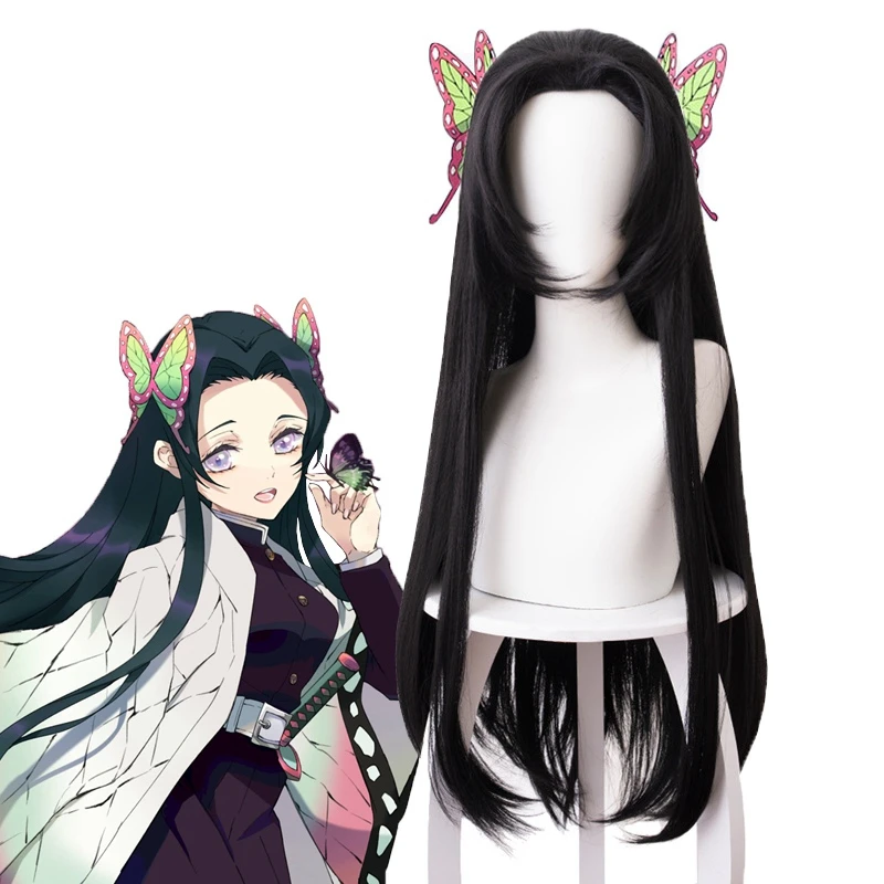 Peluca de Anime Demon Slayer Kochou Kanae, peluca de Cosplay Kimetsu No Yaiba, pelo largo y liso negro, accesorio de mariposa, fiesta de pelucas de pelo sintético