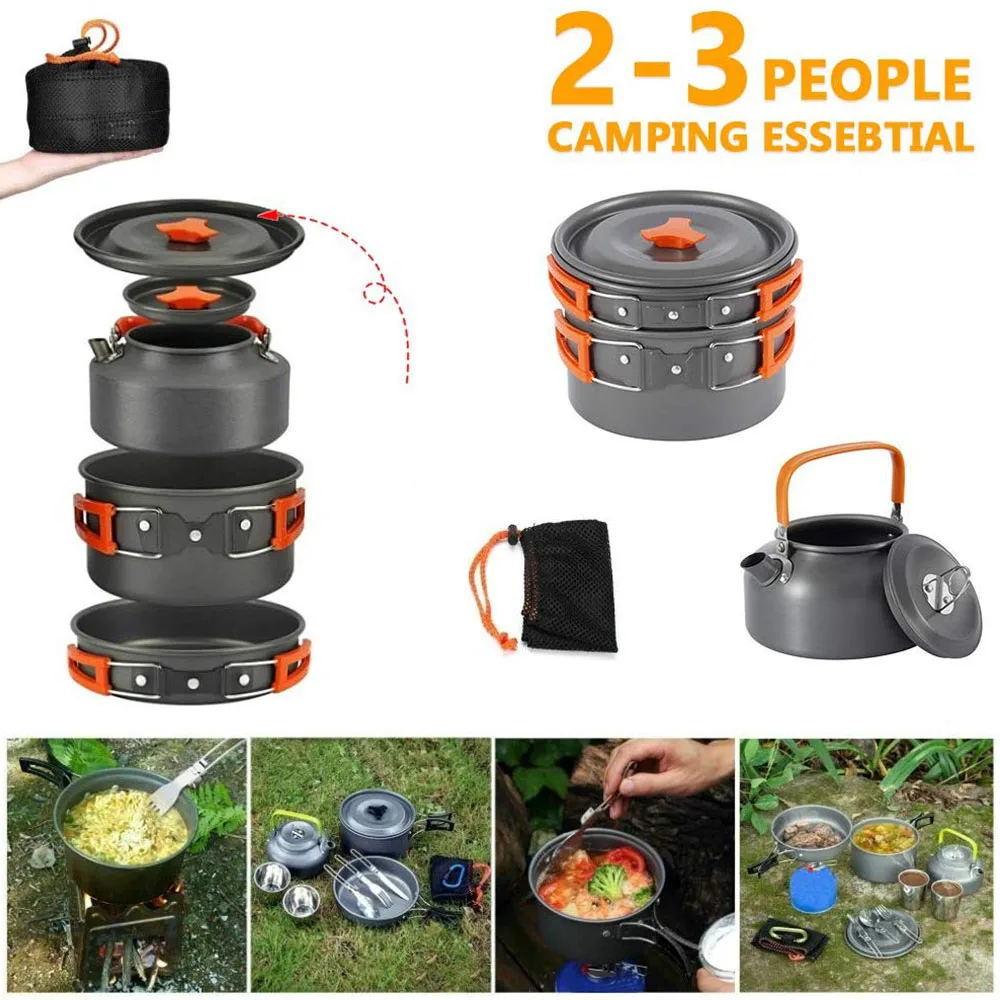 Camping Cookware Kit Outdoor Aluminum Cooking Set Water Kettle Pan Pot Travelling Hiking Picnic BBQ Tableware Equipment |