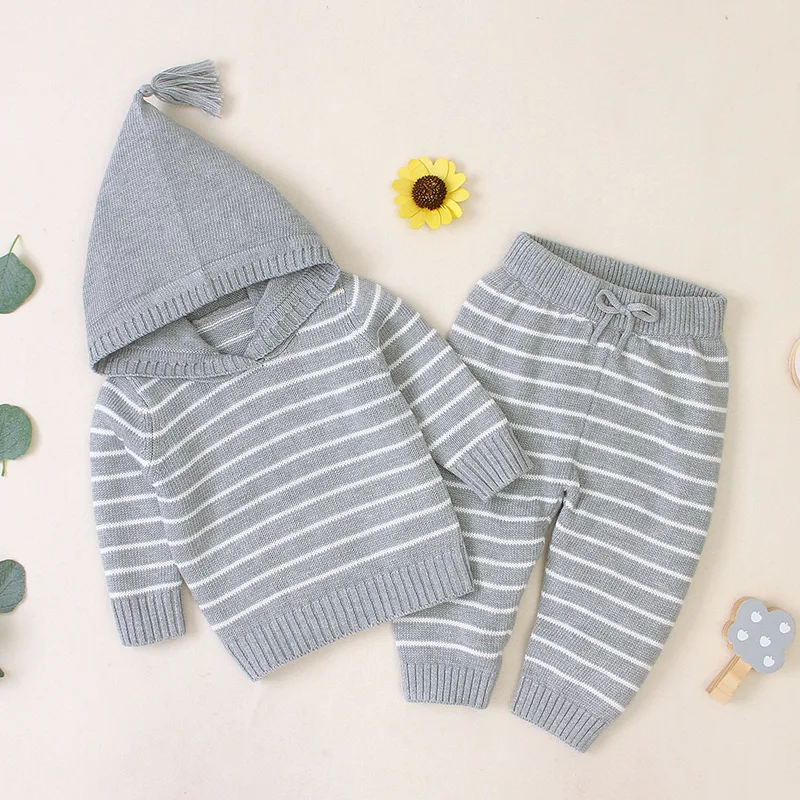 

2pcs Baby Boys Girls Hooded Knitted Clothing Sets Sweater Hoodies Striped Pant Suit Clothes for Toddler Kids