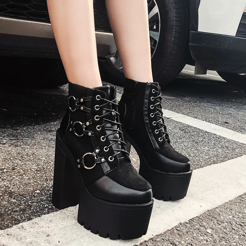 15CM Thick Platform Women's Boots Black Punk Cool High Heels Ankle Boots Lace-up Zipper Motorcycle Boots Winter Shoes Women 42