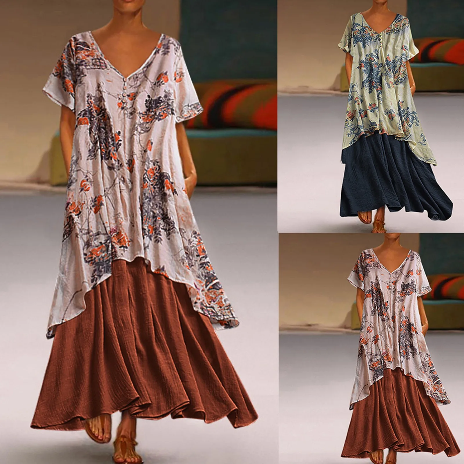 

Short Women Summer Dress 2022 New Oversized Linen Cotton Retro Fake 2 Piece Long Printed Women Dress Big Size Vestidos