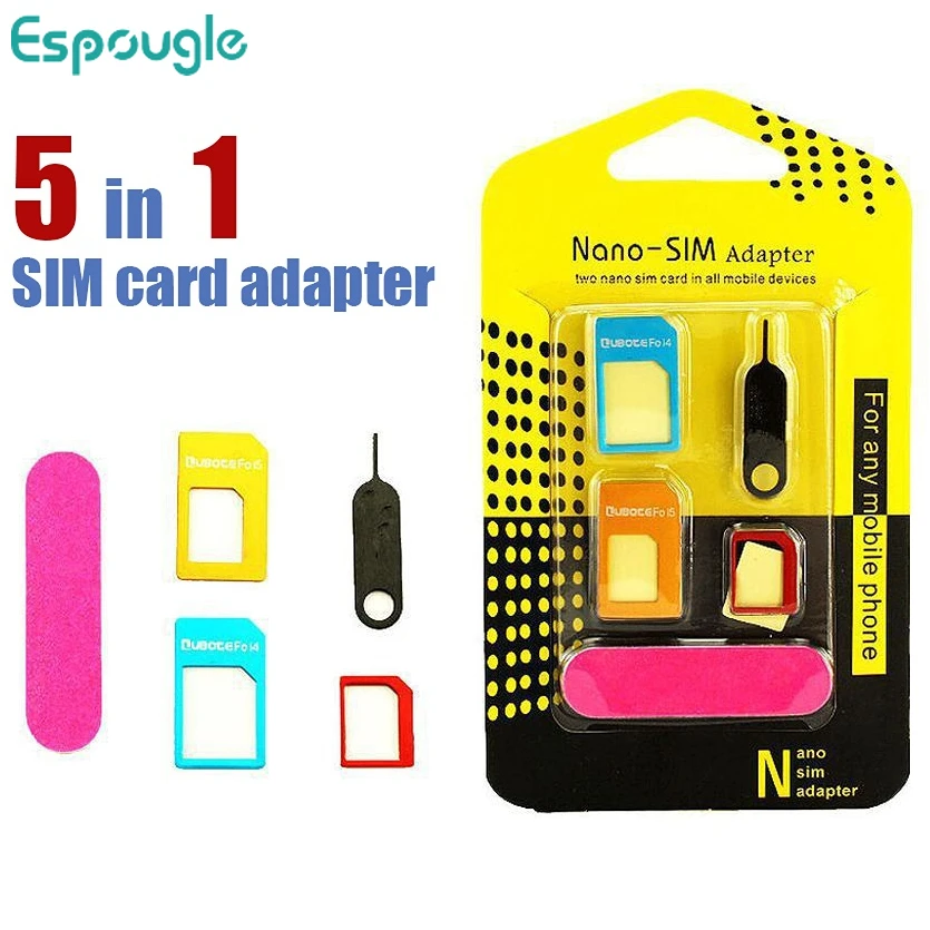 500pcs/lot 5 In 1 Sim Card Nano Adapter Micro Sim Adapters Standard Sim Card Adapters Eject Pin For All Phones