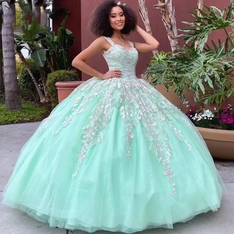 

AP Sexy Strap Ball Gown Mint-Green Quinceanera Dresses For 15 Party 3D Flower Lace Applqiue Cloak Birthday Princess