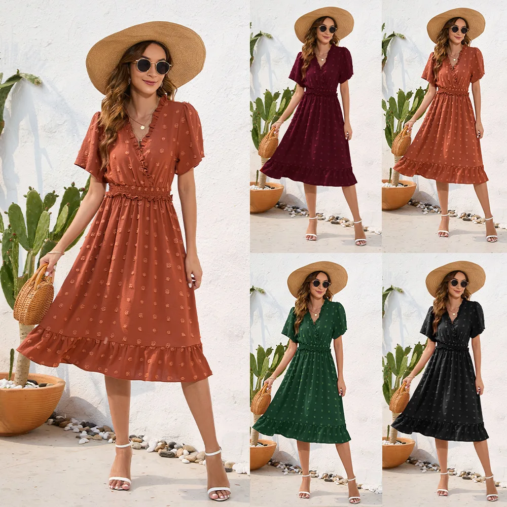 

Summer Women Elegant Corset Bohemian Dress Casual Short Puff Sleeve V Neck High Waist Ruffle Vacation Long Dress