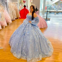 light blue shining pink ball gown quinceanera dresses beaded off shoulder tulle sequined sweet 15 16 dress xv party wear