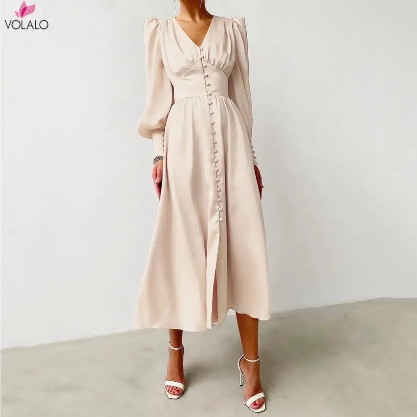 

VOLALO White Single Breasted Elegant Dress For Women Party Robe High Waist Satin Long Dress Chic Midi Dresses Lantern Sleeve