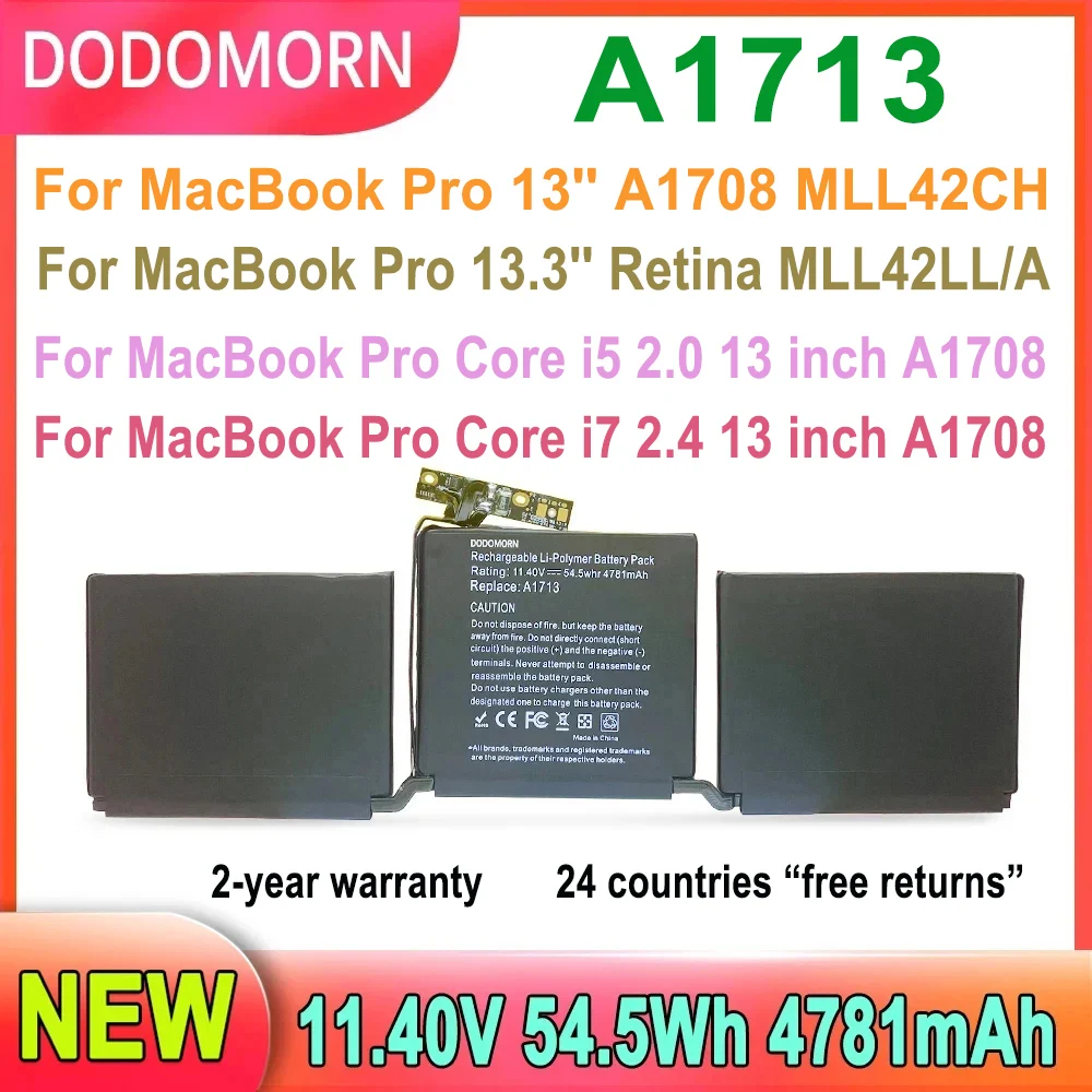 Аккумулятор DODOMORN A1713 для ноутбука MacBook Pro 13 дюймов A1708 2016 2017 EMC 2978 3164 020-00946 серия MLL42LL