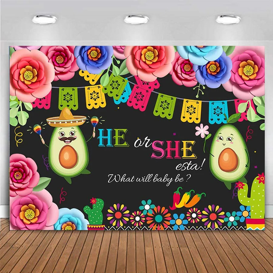 

Праздничный фон для фотосъемки с надписью «He/She» и надписью на вечеринке в честь будущей матери, мексиканский стиль, Виниловый фон для фотос...