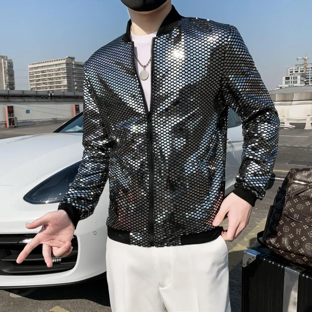 

Jas Spring New Sequined Bomber Jacket Men Y2K Long Sleeve Glitter Zipper Thin Coat Hip Hop Night Club Stage Streetwear Coats Man