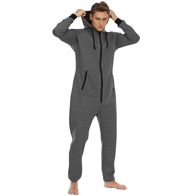 3 Colors Men Fall Warm Sleeping Jumpsuit Solid Color Hooded Long Sleeves Zip-Up Romper with Pocket for Home Loungewear Sleepwear