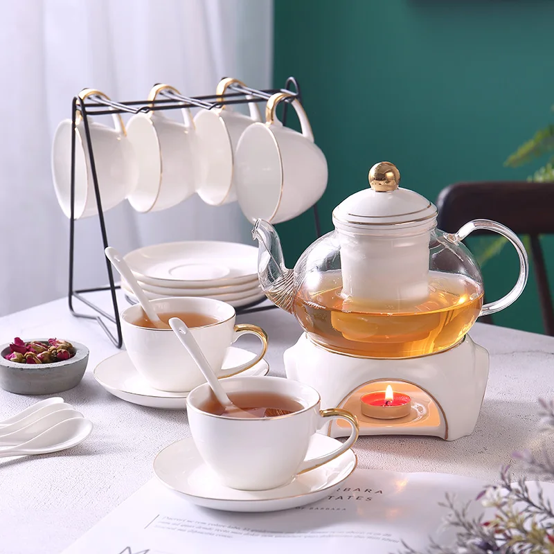 

Gold White Ceramic Tea Set British Porcelain Tea Cup Pot with Candler Strainer Floral Glass Teapot Set Ceremony Teaware Teacup