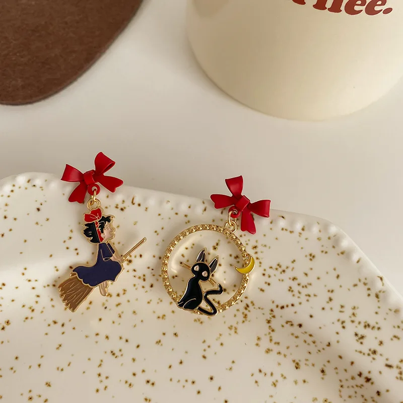 

ZXMJ Anime Cartoon Earrings Witch and Black Cat Earrings Japanese Girl Bow Ear Clips for Women Personality Hollow Earrings