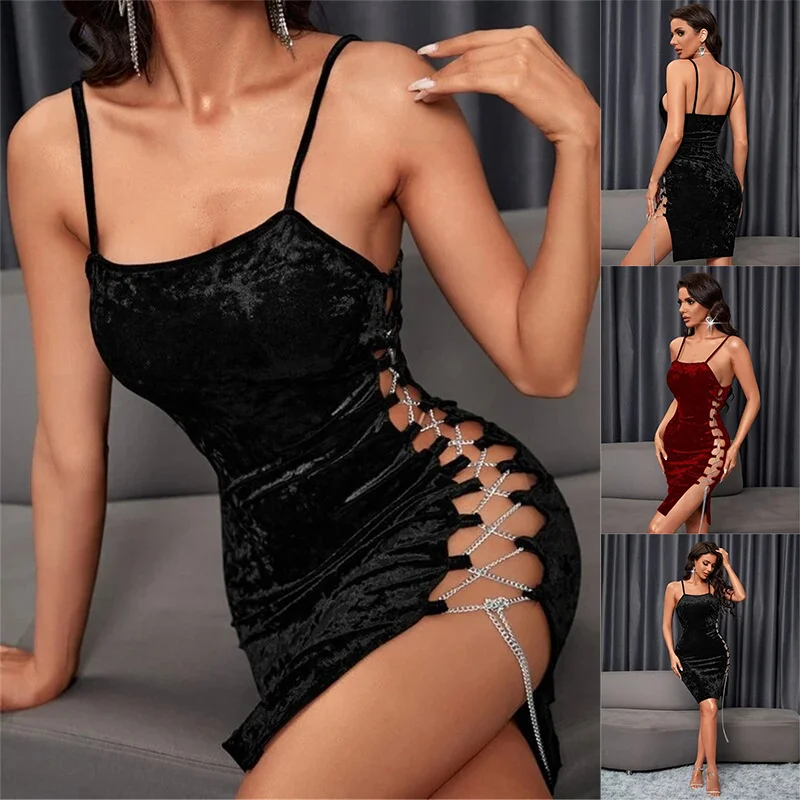 

2022 new gold velvet tight side lace up dress sexy suspender skirt