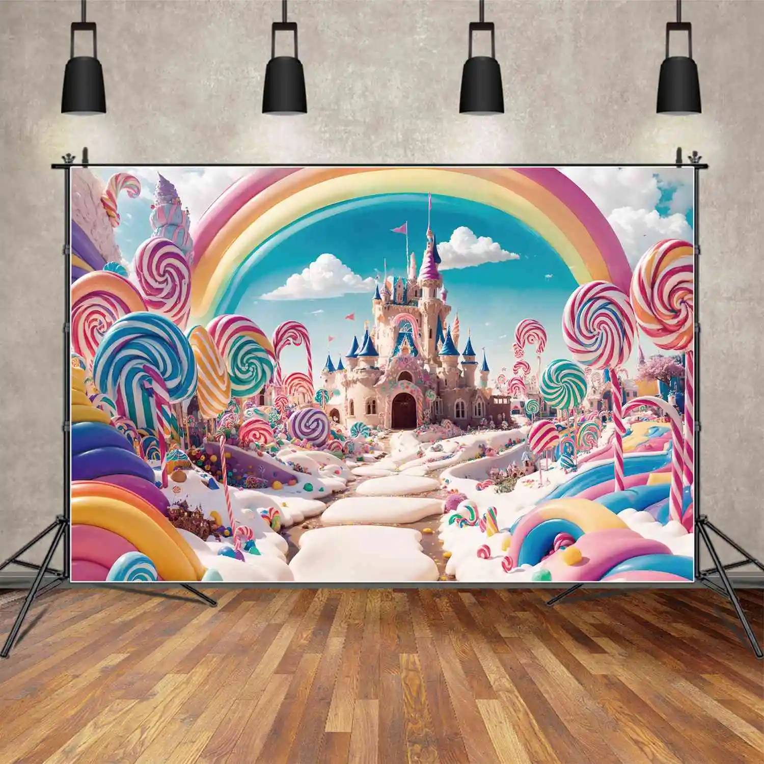 

Rainbow Castle Candyland Backdrops Photography Birthday Party Cream Custom Baby Photo Booth Photographic Backgrounds Props