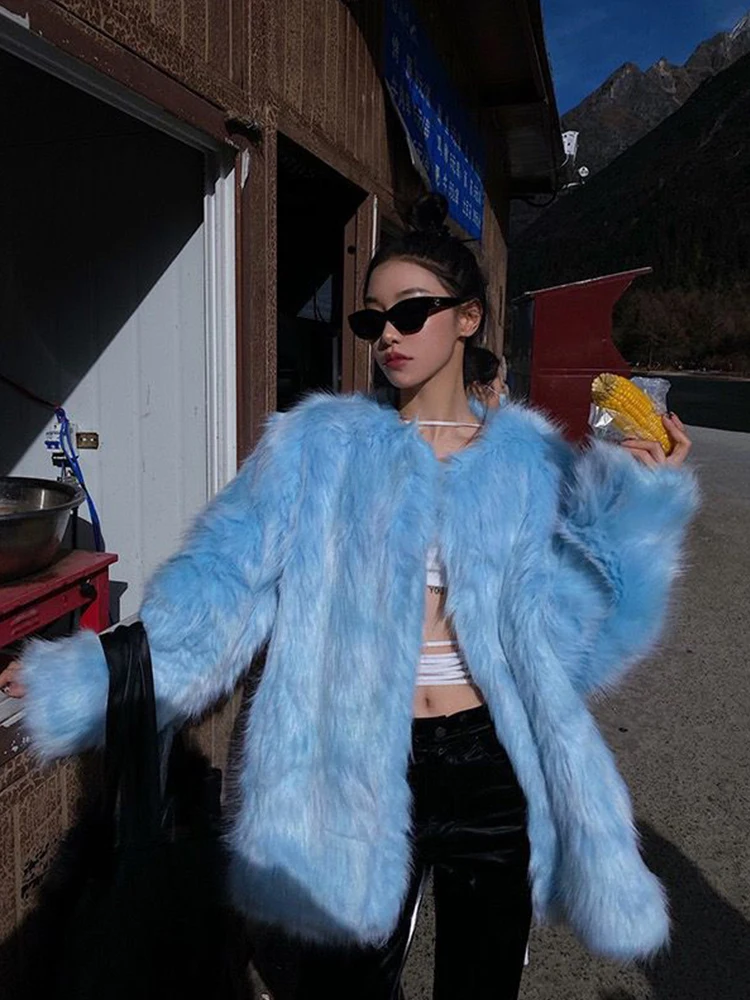 Winter coat for women fashion ice blue plush Warm soft faux fur coat  high street temperament Midi fur jackets for women