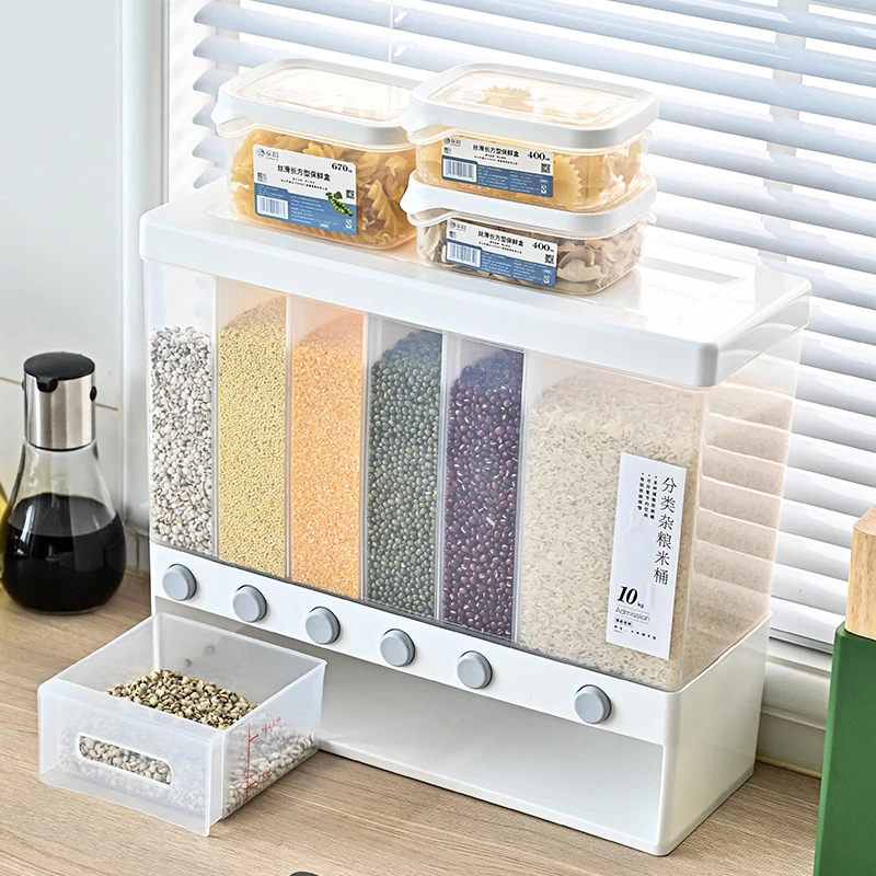 

Wall Mounted Grain Storage Box with Lid Airtight Kitchen Rice Cereal Beans Container Multi Compartment Sealed Dry Food Dispenser