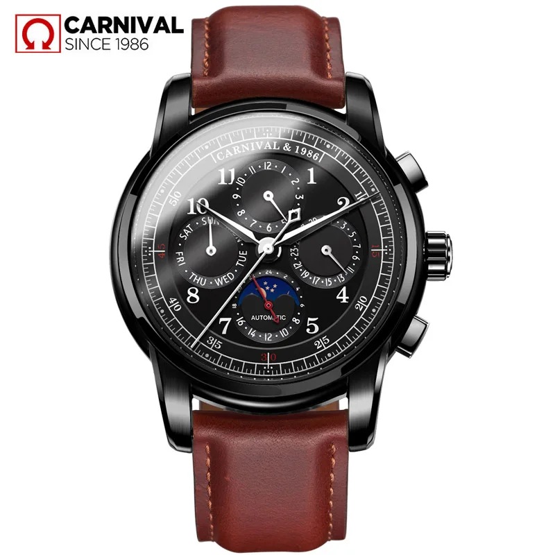 

CARNIVAL Luxury Fashion Multifunction Automatic Mechanical Men Wristwatches Leather Strap Watches Waterproof Clock Zegarek Męski